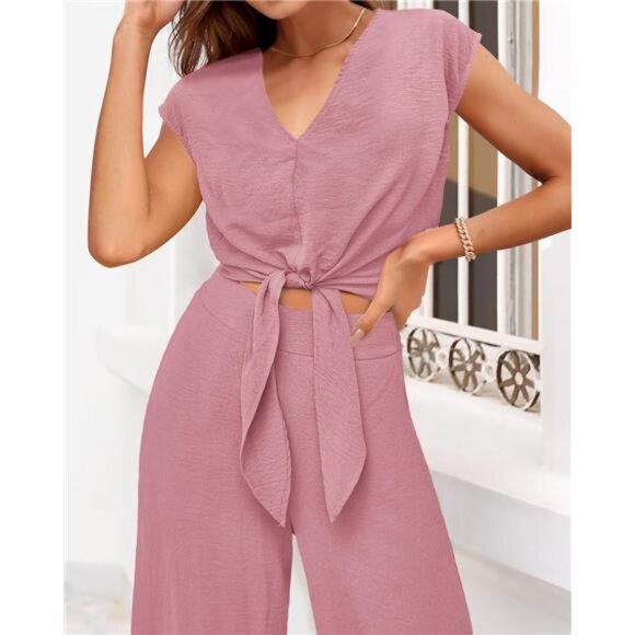 Women’s 2 Piece V-Neck Crop Top & Wide Leg Pants Set - Picture 4 of 5